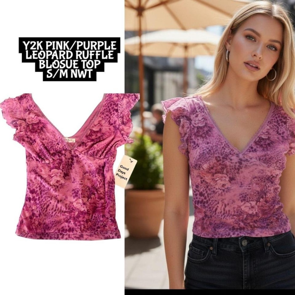Y2K PINK PURPLE LEOPARD RUFFLE BLOUSE TOP SMALL/MEDIUM